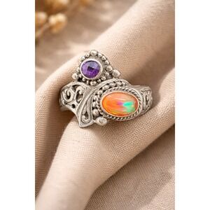 Fiery Ethiopian Opal Amethyst Sz 7 Ring 925 Sterling Silver Bohemian Artisan